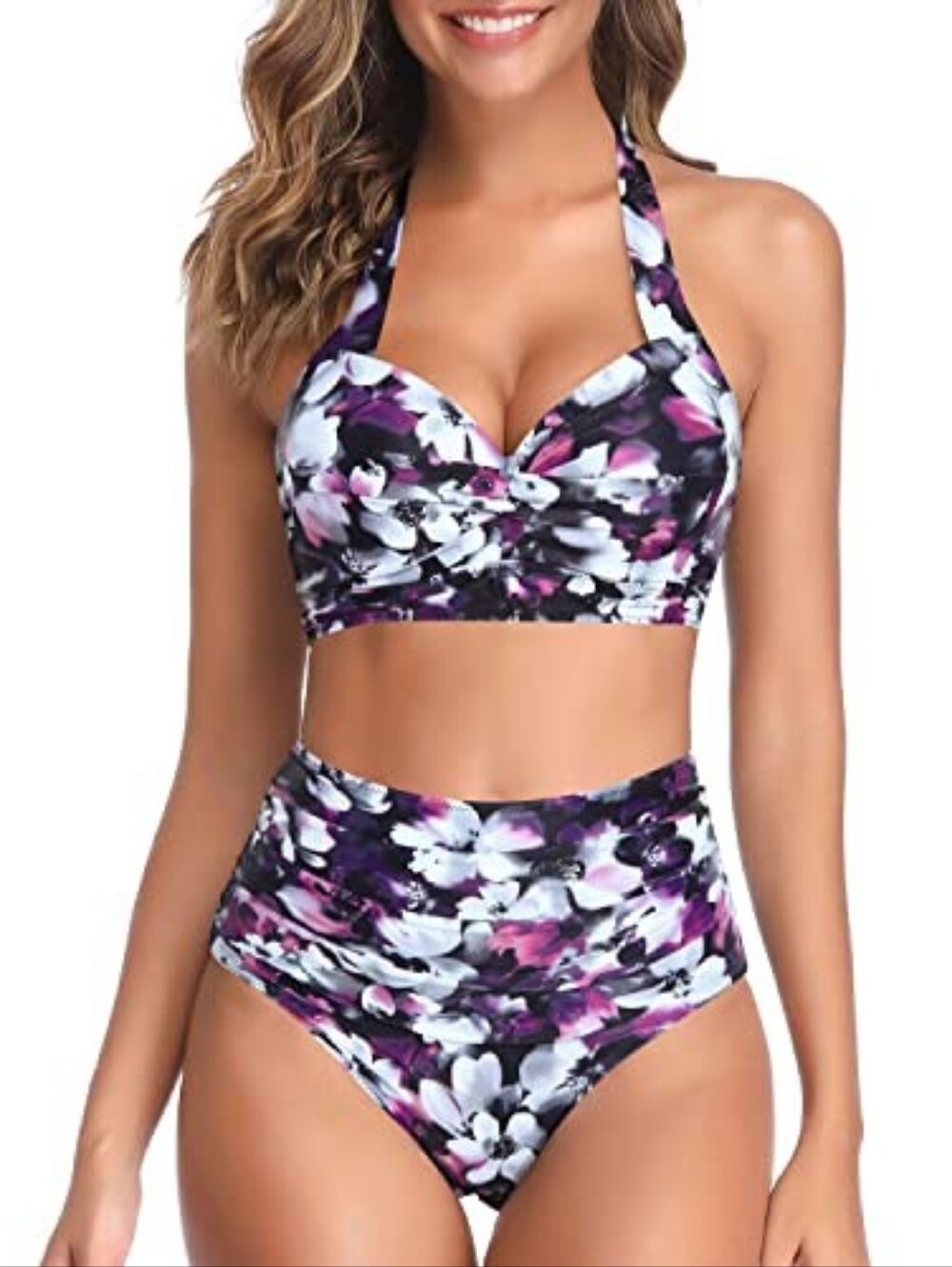 Tempt Me Purple Floral High Waist Ruched Two Piece Vintage Swimsuit Size Large